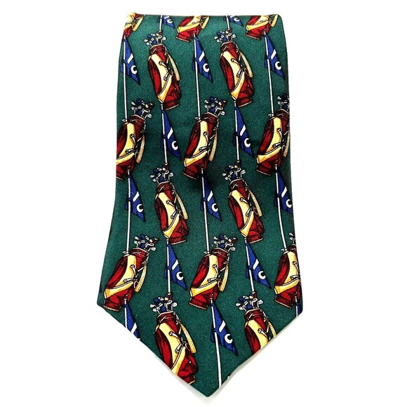 Lord & Taylor Kensington 100% Silk Italian Luxury Necktie Tie Golf Bags Green - Picture 2 of 8
